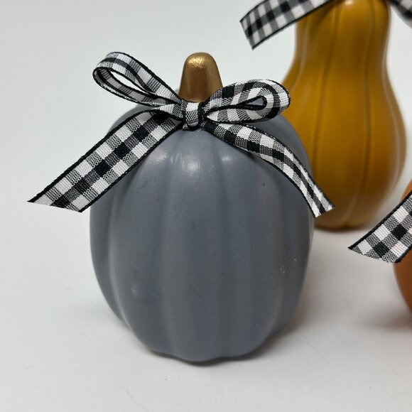 Fall Mini Ceramic Pumpkins Gourd Set of 3 Hand-Tied Plaid Bows Farmhouse Decor - Picture 2 of 9